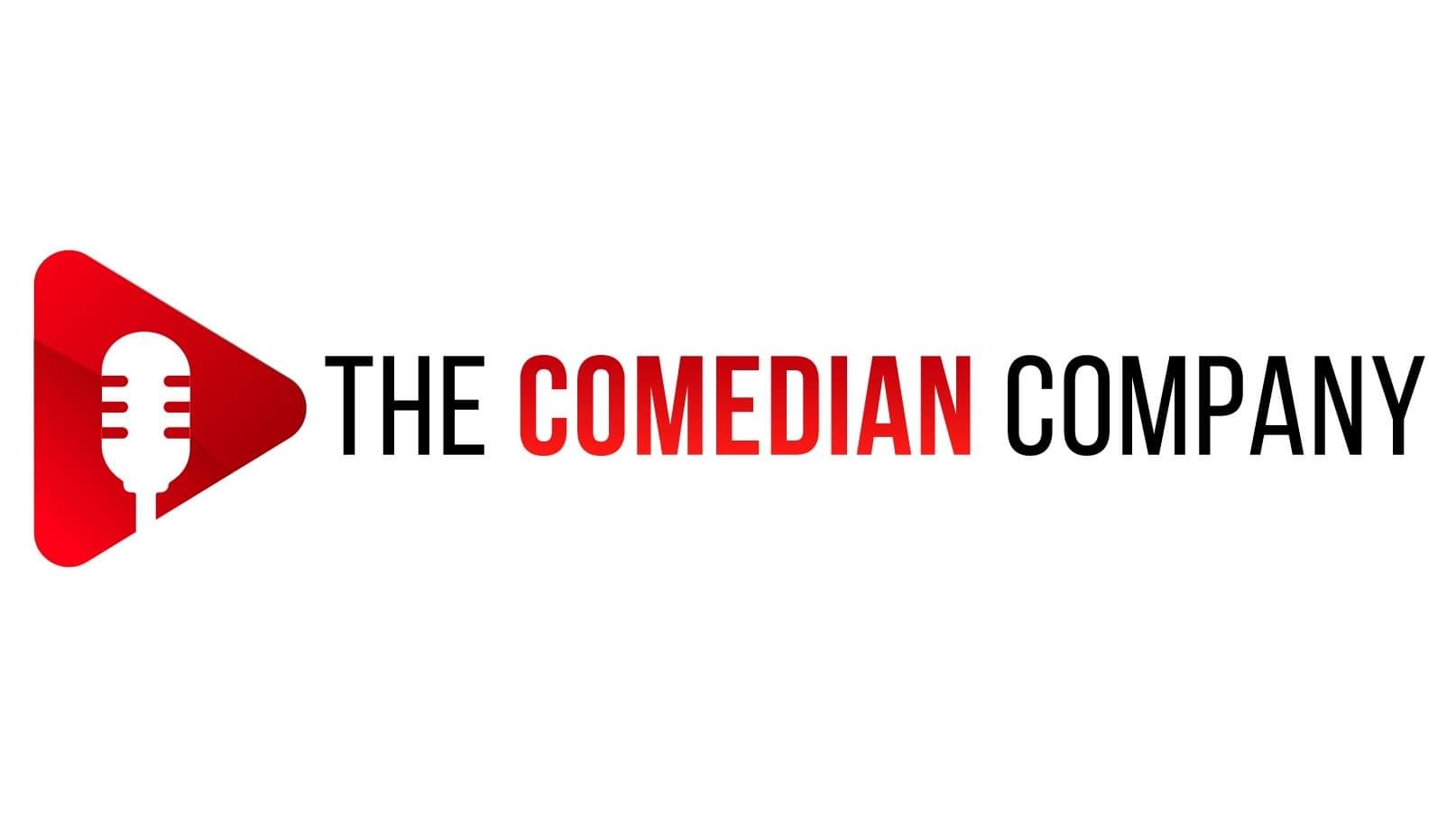 Logo of The Comedian Company, showing a white icon of an old-school mic against a red 'play' triangle background, with black and red letters against a white background: 'The Comedian Company.'