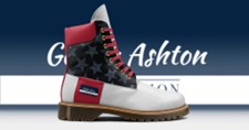 Photo showing red, white, and blue limited edition Ashton Smith boot designed by Devona Francis
